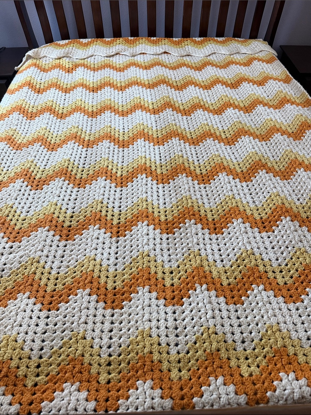 Vintage Wool Hand-Crocheted Chevron Throw Blanket in White, Mustard & Orange